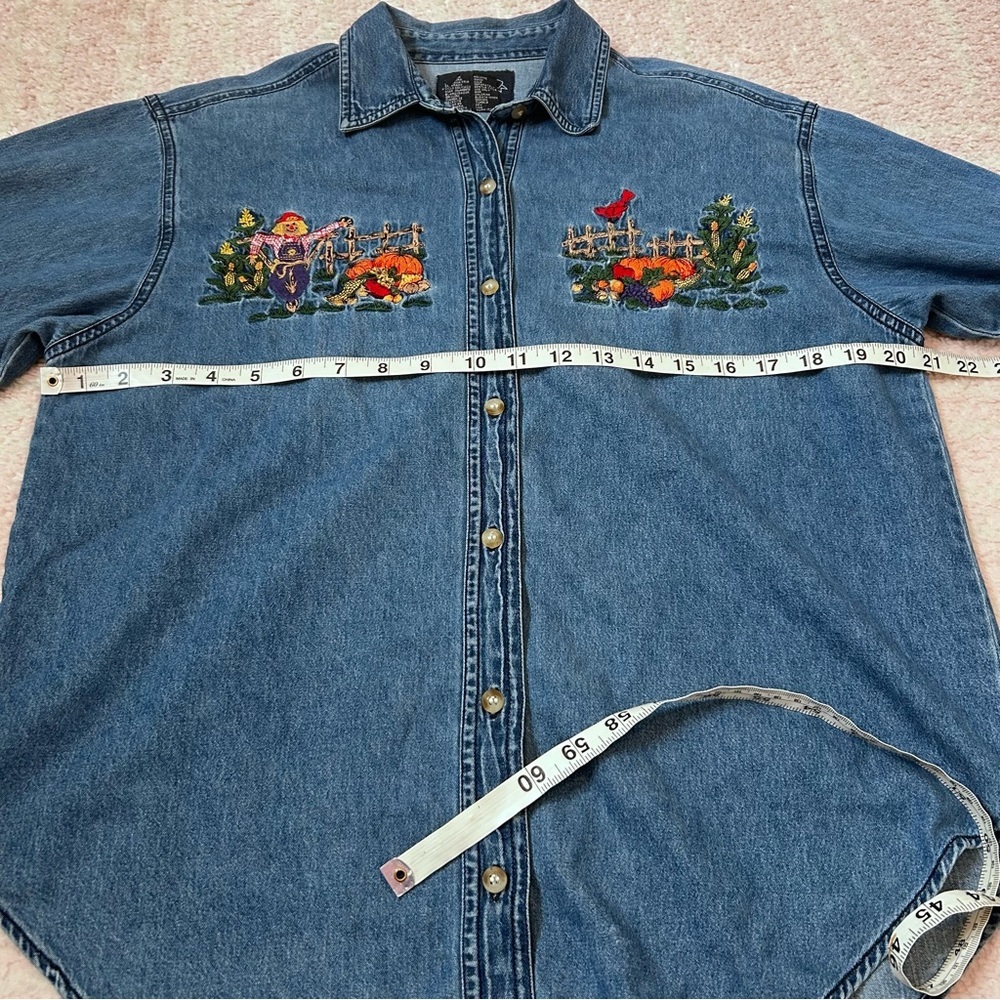 VNTG 90's Fall Harvest Embroidered Chambray Denim Shirt Cotton Size PETITE Large - Picture 10 of 16
